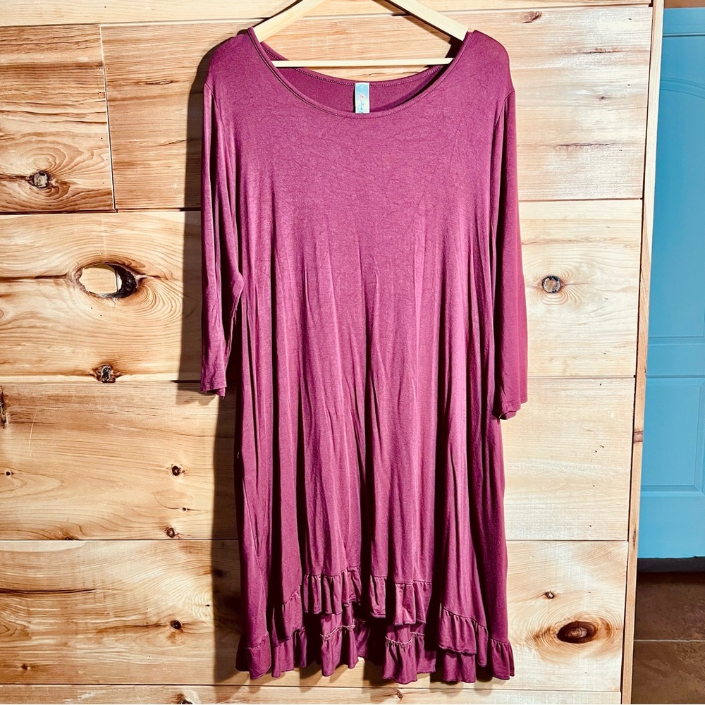 Alison Grace Dusty Rose Ruffled Sheath 3/4 Sleeve Midi Dress Cottagecore USA